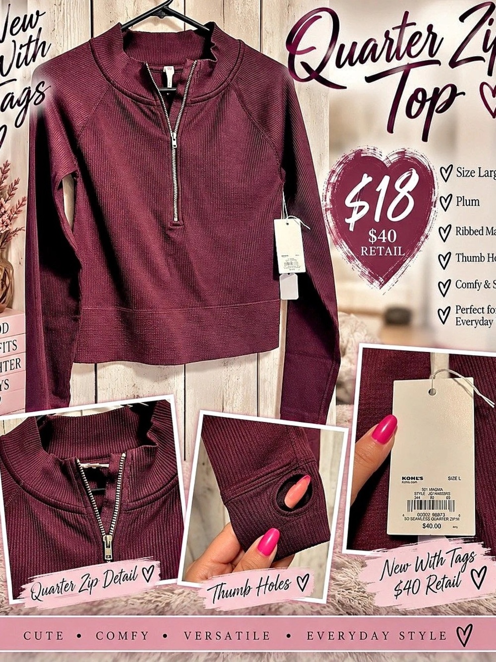 SO Seamless Quarter Zip Top in Purple Size Large